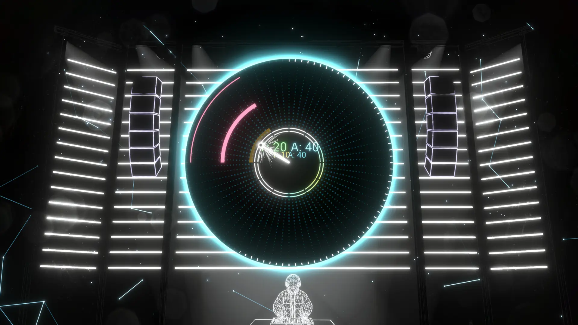 Beat Vector rhythm game screenshot showing a neon blue circular track with yellow notes, a 5X score multiplier, and a wireframe DJ avatar on a dark stage.