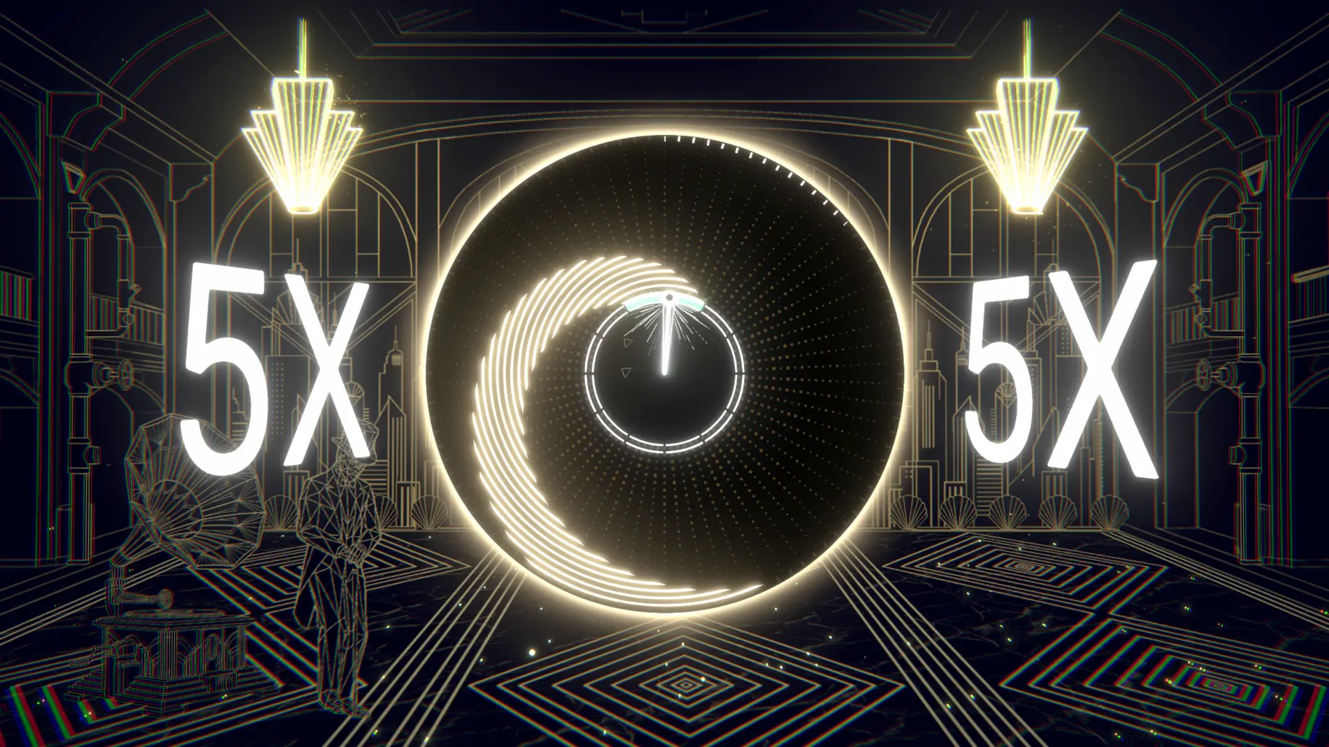 Beat Vector gameplay featuring a neon wireframe city level, a 50X multiplier, and a circular note highway with a glitchy chromatic aberration aesthetic.
