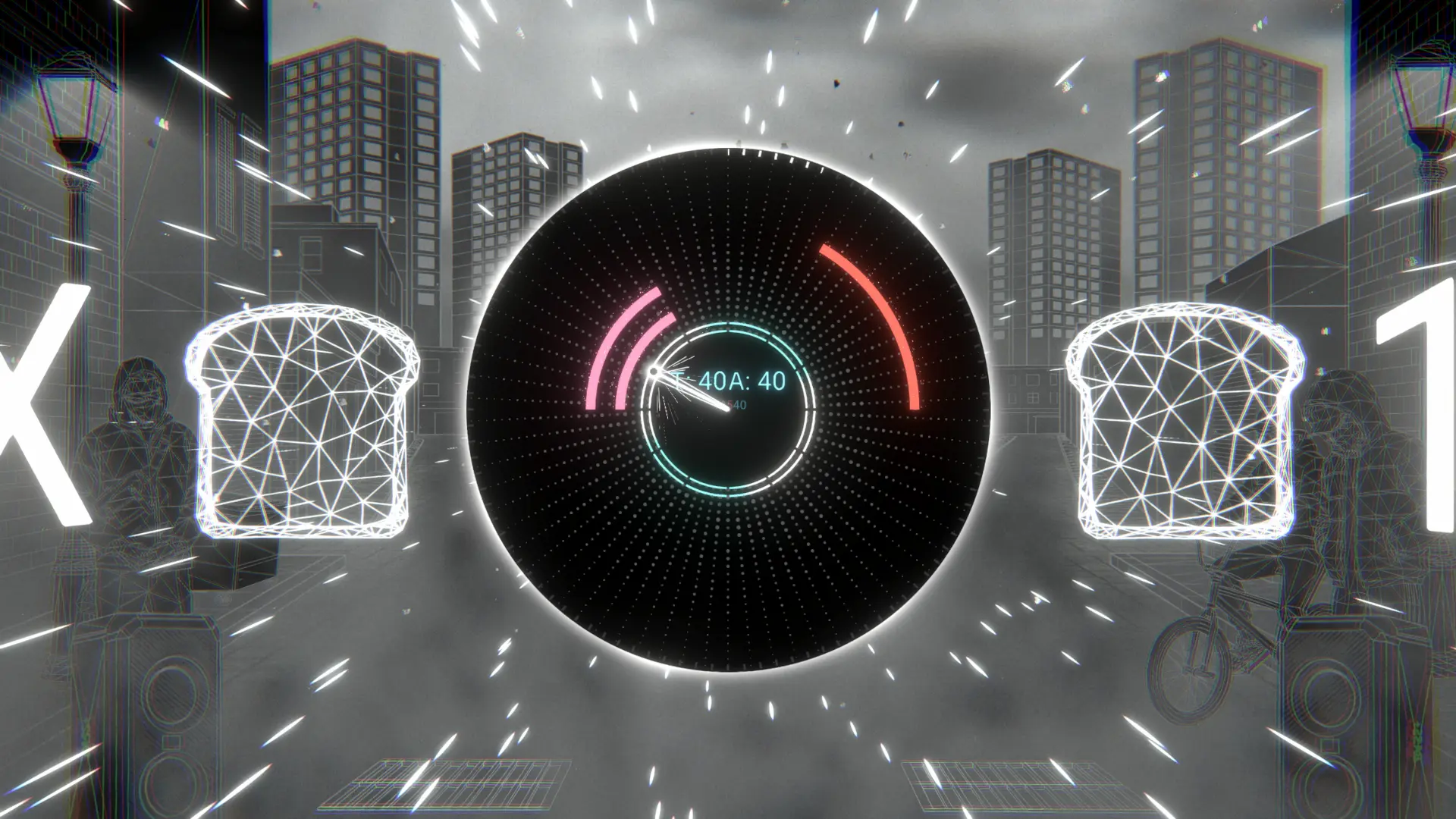 Art Deco themed level in the Beat Vector rhythm game, displaying golden wireframe architecture, a vintage phonograph, and glowing red notes.