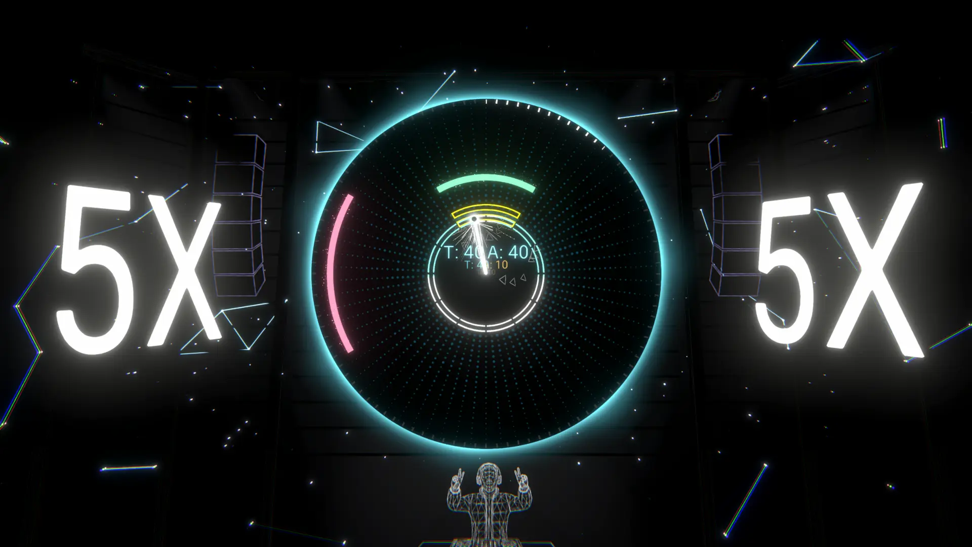 High-energy concert stage level in the Beat Vector PC game, featuring massive bright lights, a 50X multiplier, and a wireframe DJ under a central rhythm track.