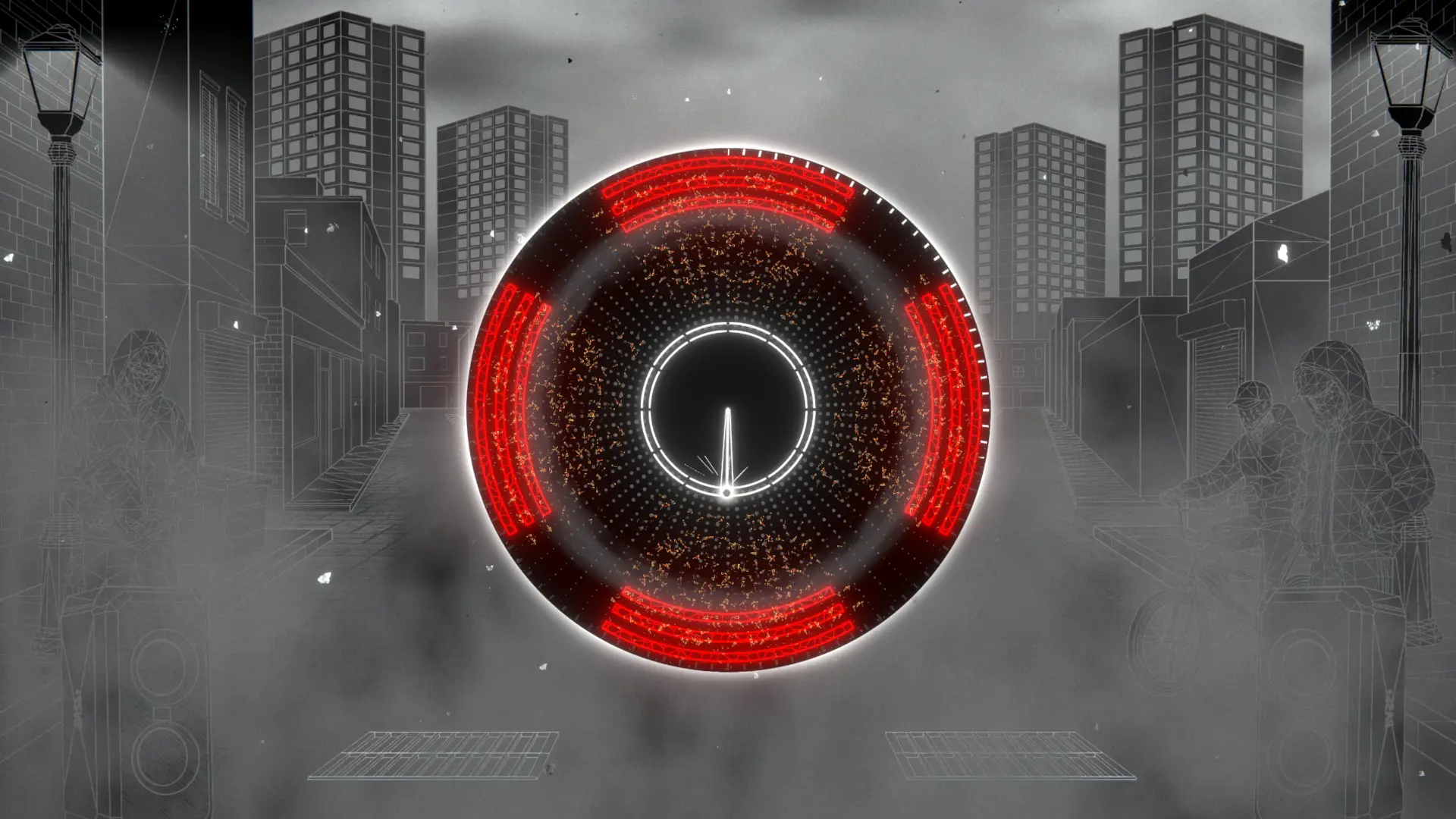 Grayscale wireframe street scene in Beat Vector, showing urban elements, speakers, and a bright white 360-degree rhythm track with glowing red and pink notes.
