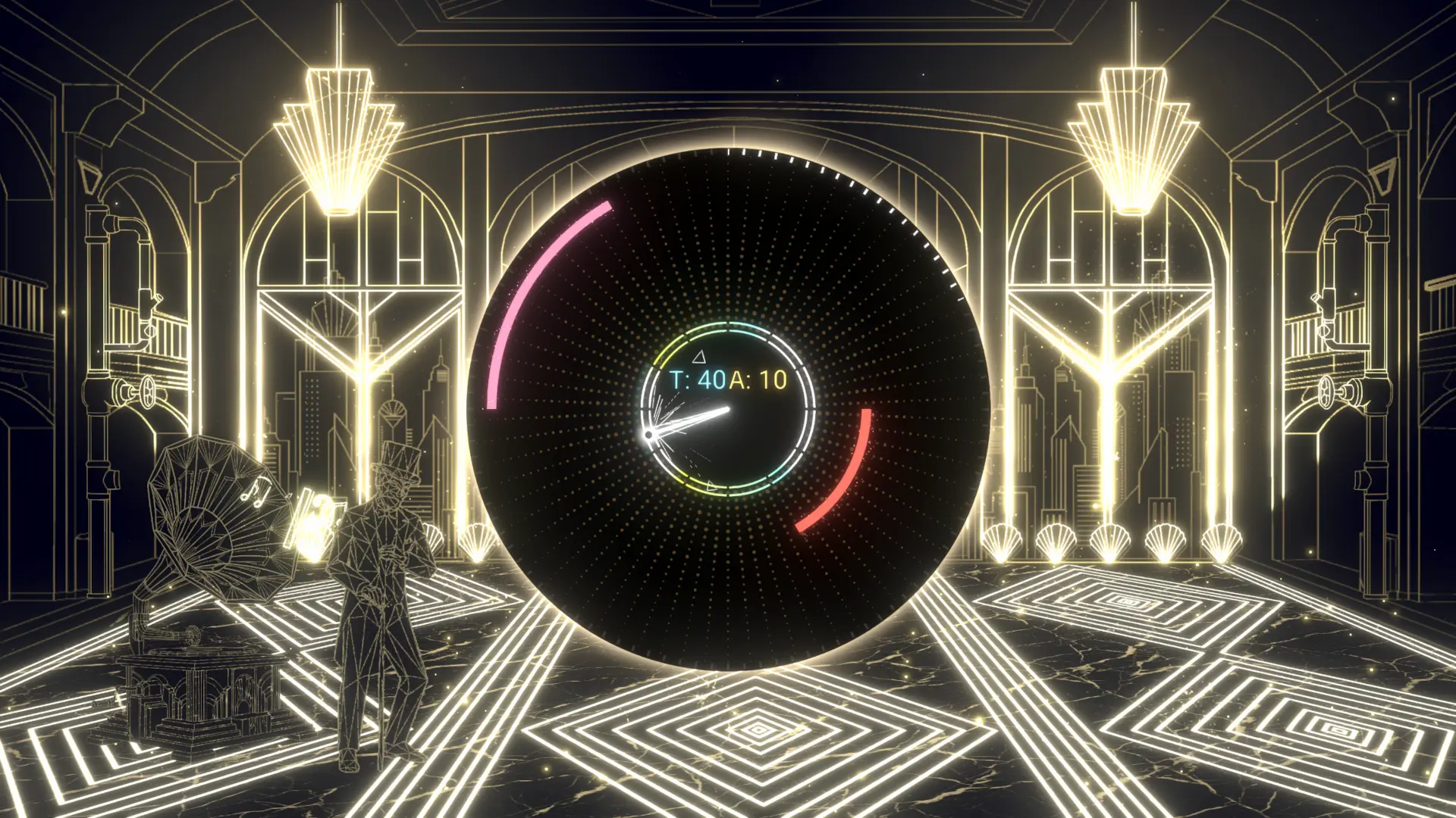 Golden Art Deco stage in Beat Vector, featuring a wireframe man with a top hat and cyan and red rhythm notes approaching the center of the circular track.
